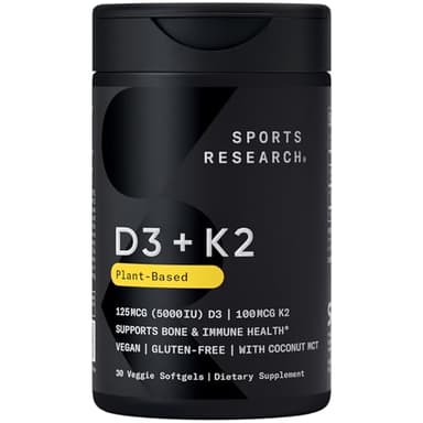 Sports Research® Vitamin D3 + K2 w/Coconut Oil - Vegan Vitamin D 5000iu (125mcg) & Mk7 Vitamin K 100mcg for Bone & Immune Support - Vegan Certified · Non-GMO · Soy Free - 30 Softgels