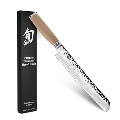 Shun Premier Blonde 9" Bread Knife, Handcrafted Japanese Serrated Knife, VG-MAX Core with Damascus Stainless Steel Cladding, Pakkawood Handle, Slicing Tool for Professional and Home Chefs