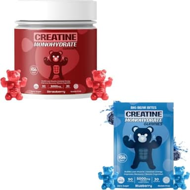 Creatine Monohydrate Gummies Pouch & Bottle Bundle for Men & Women | 5000mg of Creatine Gummie Per Serving | Zero Sugar, Gluten Free & Halal | Pack of 90 | Blueberry & Strawberry Flavour