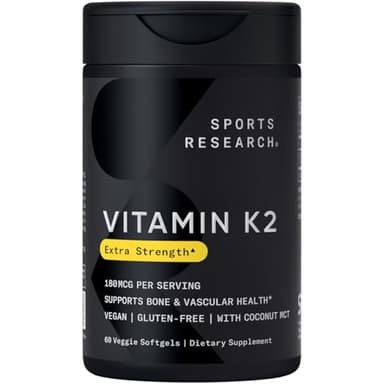 Sports Research Vitamin K2 MK7 180mcg with Coconut Oil - 60 Veggie Softgels - Vegan Certified, Non-GMO Verified & Gluten-Free