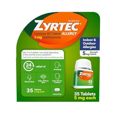 Zyrtec 24 Hour Allergy Relief Tablets, Indoor & Outdoor Allergy Medicine for Adults with 5 mg Cetirizine Hydrochloride, Relief of Runny Nose, Sneezing, Itchy Eyes, Plus Dust, Mold & Pet Dander, 35 ct
