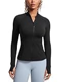 CRZ YOGA Butterluxe Womens Full Zip Workout Jackets Slim Fit Track Athletic Tops with Thumb Holes Black Large
