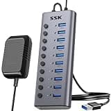 SSK 10 Port Powered USB 3.0 Hub, 60W Aluminium USB Charging Hub with DC 12V5A Power Adapter, Supports Simultaneous Fast Charge and 5Gbps Data Transmission,USB Extender Hub with 3.96ft/1.2m Long Cable