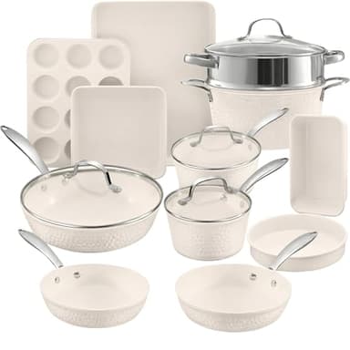Gotham Steel Hammered 15Pcs Ceramic Cookware Set Nonstick, Induction Pots and Pans Set Non Stick with Bakeware Set & Steamer for Cooking, Non Toxic PFOA PFOS Free, Oven & Dishwasher Safe, Cream White