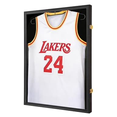 Hactyn Jersey Frame Display Case for Wall ,Large Lockable T-Shirt Shadow Box with Clear UV Protection Acrylic & Hangers for Football Basketball Baseball Soccer Hockey, Matte Black 1 Pack