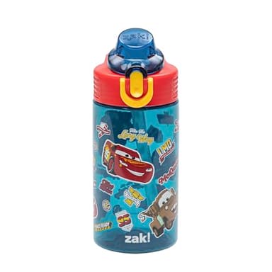 Zak Designs Disney Pixar Cars Sage Kids Water Bottle For School or Travel, 16oz Durable Plastic Water Bottle With Straw, Handle, and Leak-Proof, Pop-Up Spout Cover (Lightning McQueen & Mater)