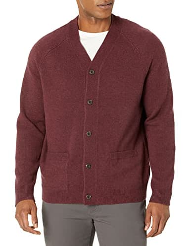 Amazon Essentials Men's Lambs Wool V-Neck Cardigan Sweater with Pockets (Previously Goodthreads), Burgundy, X-Small