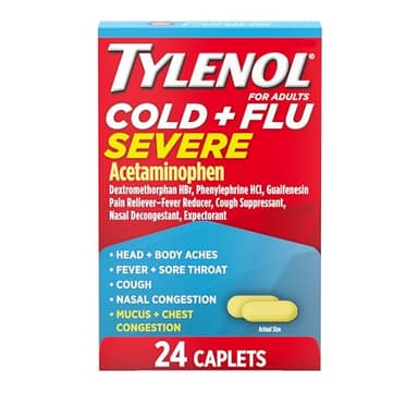 Tylenol Cold + Flu Severe Medicine Caplets for Cold & Flu Symptom Relief, Fever Reducer, Pain Reliever, Cough Suppressant, Nasal Decongestant & Expectorant with Acetaminophen, 24 ct.