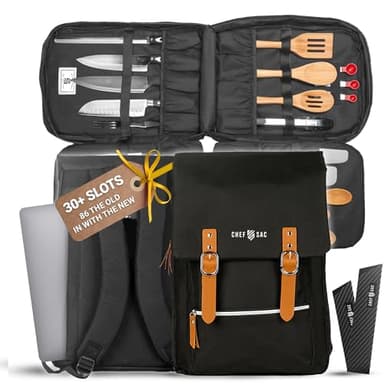 Chef Sac Chef Knife Bag Vintage Backpack | 30+ Pockets for Knives and Chef Tools | Knife Carrying Case with Hidden Back Pocket for Tablet | Sturdy Knife Bag for Chefs & Culinary Work (Black)