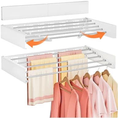 Vasunray Wall Mounted Clothes Drying Rack Folding Indoor, Foldable Laundry Drying Rack Collapsible,Invisible, Space Saving, Retractable Towel Drying Rack, with Wall Template(5 Drying Rods, White 32")