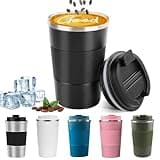 YINBAOGE Insulated Travel Coffee Mug Spill Proof Leak Proof Pobtable To Go Camping Stainless Steel Coffee Tumbler Reusable Coffee Cups with Lids Thermos for Hot and Cold Drink (Black, 12 OZ)