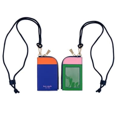 kate spade new york ID Badge Holder with Lanyard, Vegan Leather Slim Card Wallet with Zipper, Name Tag Case for Work, School, or Travel (Colorblock)