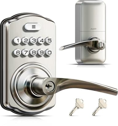 Veise Keypad Door Lock with Handle, Keyless Entry for Front Door & Bedroom, Electronic Lock with Code, Auto-Locking, Easy Installation, Passage Mode, Satin Nickel
