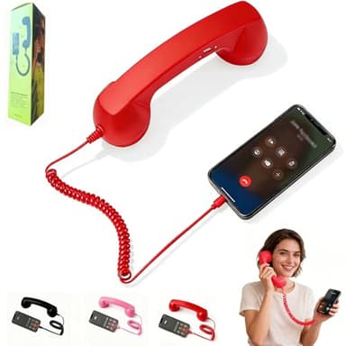Retro Phone Handset for Type-C Devices, Vintage Style Cell Phone Receiver with Volume Control & Mic, Noise Reduction Wired Landline Handle Receiver for Mobile Video Conferences,Calls,Meetings (Red)