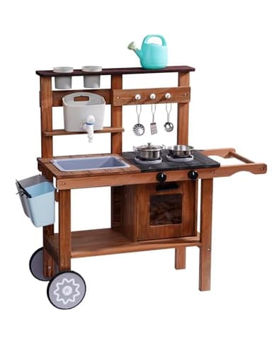 ROBOTIME Mud Kitchen for Kids Outdoor with Wheels, Fun Wooden Kid Kitchen Playset for Backyard Pretend Cooking, Outdoor Sink & Storage, Role Play Toy for Boys and Girls Ages 3+