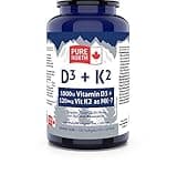 PURE NORTH NATURALS - D3 + K2 Vitamin Supplement 180 Softgels - 6 Months Support, D3 1000IU + K2 MK7 120mcg with Organic Coconut Oil for Optimal Absorption - 3rd Party Tested & Proudly Canadian