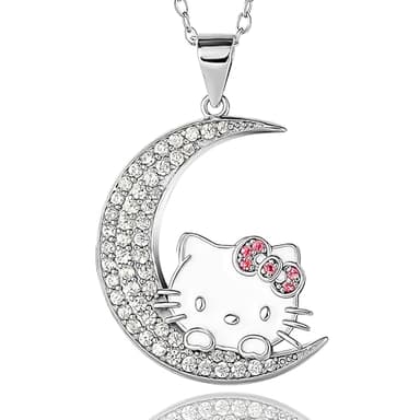 SALLY ROSE Hello Kitty Moon Cubic Zirconia Pendant Necklace Official License, 18" Sterling Silver Hello Kitty Necklace for Women