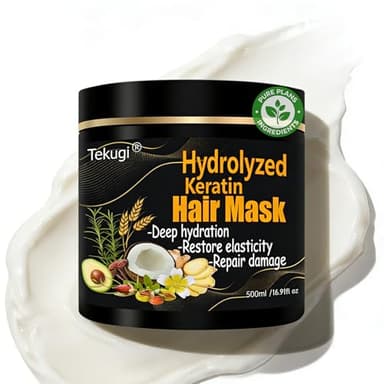 Tekugi Natural Hydrolyzed Keratin Hair Mask - Repair & Moisture Treatment for Color Treated, Bleached, Heat Damaged & Dry Hair - Nourishes Fine, Damaged & Curly Types - Silicone-Free(16.9Fl Oz)