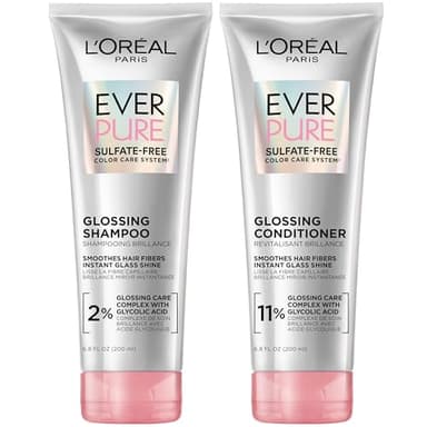 L'Oreal Paris Glossing Sulfate Free Shampoo and Conditioner Set with Glycolic Acid, Hair Care for Lasting Shine and Smoothness for Dull, Dry Hair, EverPure, 1 Kit