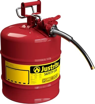 Justrite 5 Gallon Type II Red Safety Gas Can for Gasoline with Flame Arrester, Self-Closing Lid, and 5/8" Flexible Metal Spout, Made in the USA, Galvanized Steel Flammable Storage Can, 7250120