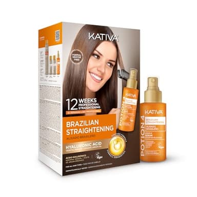 KATIVA Brazilian Keratin Straightening Kit - Alisado Brasileño Keratina + Potion 4 Heat Protectant Serum, Formaldehyde-Free Smoothing, Anti Frizz, Hyaluronic Acid, Argan Oil, Vegan, Up to 12 Weeks