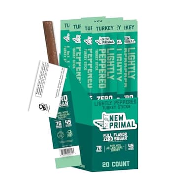 New Primal Lightly Peppered Turkey Sticks, Keto, Gluten Free Healthy Snacks, Sugar Free Low Carb High Protein, Jerky Meat Stick, 7g Protein, 20 Ct