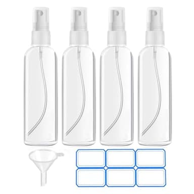 DTDNZKN 4 Pack 3.4 Oz (100ml) TSA Approved Travel Bottles, Travel Size Containers Spray Bottles with Labels - Fine Mist, Refillable, Reusable, Leak Proof