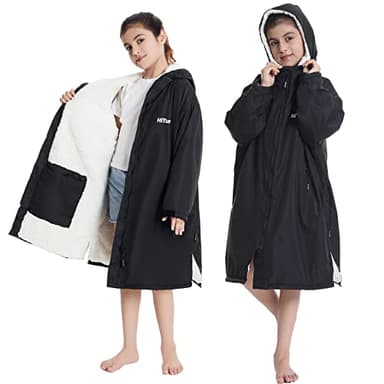 Hiturbo Warm Kids Swim Parka: Waterproof Changing Robe - Oversize Swimming Coat - Hooded Surf Poncho - Sherpa Fleece Lining (Black)