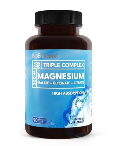 BioEmblem Triple Magnesium Complex | 300mg Magnesium Glycinate, Malate & Citrate | High Absorption Chelated Formula | Vegan, Non-GMO, Gluten-Free | 90 Capsules