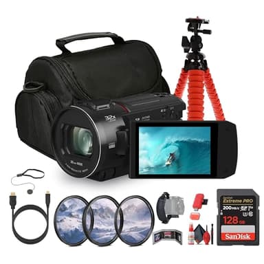 Panasonic HC-VX3 UHD 4K Lightweight Camcorder with 24x Zoom (HC-VX3K) + 128GB Memory Card + Tripod + Camera Bag + Lens Filter Kit + Flexible Tripod + Cleaning Kit + HDMI/Micro Cable + More