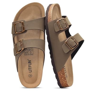 Litfun Women's Cork Footbed Sandal Summer Slip On Slide Sandals with Adjustable Buckle, Taupe Size 7.5
