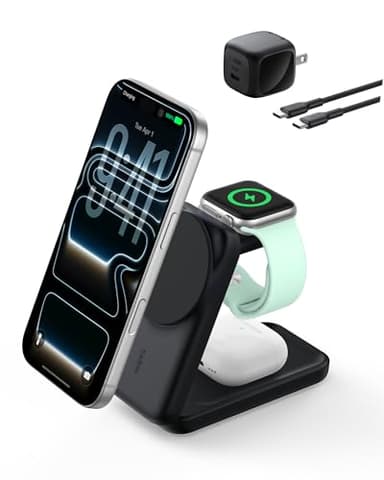 Belkin MagSafe Charger Compatible, 3-in-1 Charging Station, Qi2.2 25W Magnetic Wireless Charger Dock, Foldable Charging Stand for iPhone 17/16/15, Apple Watch, AirPods, Pixel 10 (45W Adapter Included)