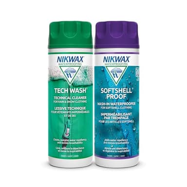 Nikwax Softshell Cleaning & Waterproofing DUO-Pack, Cleans and Restores DWR Water Repellency in Jackets, Pants, Vests, Outerwear, Ski and Snow Gear