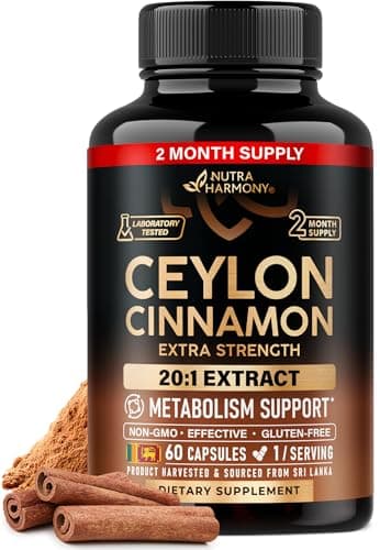 Ceylon Cinnamon Capsules - Extra Strength - Energy Heart & Metabolism Support for Men & Women - Pure Natural Cinnamon 20:1 Extract Supplement - GMO & Gluten Free - Lab Tested - 60 Capsules 2 Month