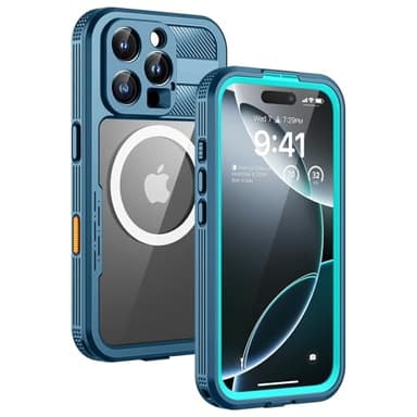Lanhiem Magnetic for iPhone 16 Pro Max Case, IP68 Waterproof Dustproof Case, [Compatible with Magsafe] [Built-in Screen Protector] Full Body Heavy Duty Rugged Phone Cover 6.9 inch, Blue/Clear