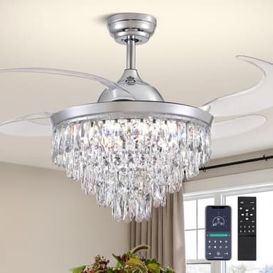 CROSSIO 48" Crystal Ceiling Fans with Lights and Remote, Dimmable, 6 Speeds, Luxury Chandelier Fan Chrome Crystal Fandelier for Dining Room Living Room Bedroom