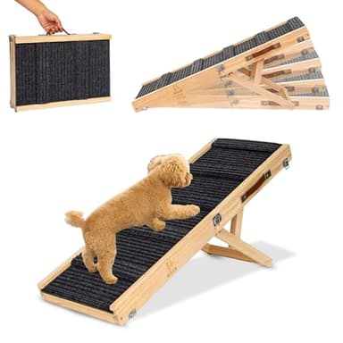 Upgraded 2026 Adjustable Dog Ramp 34.65" Foldable Pet Ramp with 5 Heights 13.6–21.5", Non-Slip Carpet & Leather Handle – Ramp for Bed, Couch & Sofa
