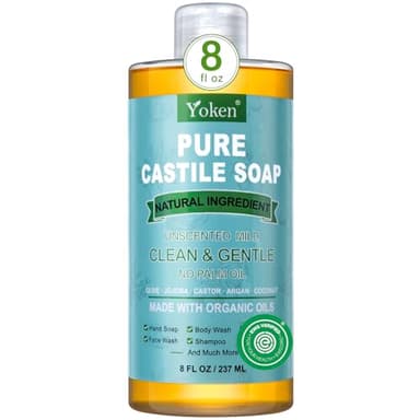 Yoken Pure Castile Liquid Soap Organic (EWG Verified, Unscented, 8 OZ), Made with Organic Oils, No Added Fragrance, Vegan, Castile Soap Liquid for Face, Laundry, Dishes, Sensitive Skin, Travel soaps