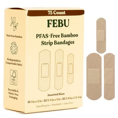 FEBU Eco-Friendly Bamboo Fabric Bandages | PFAS Free Flexible Fabric Bandages | Natural Hypoallergenic Bandage for Scrapes, Cuts & First Aid | Fully Compostable, Latex Free Bandage | 75 Count Strip