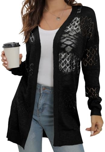 GRECERELLE Lightweight Cardigan Sweaters for Women Crochet Knit Open Front Long Sleeve Loose Casual Boho Summer Beach Coverups Black, L