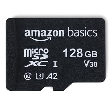 Amazon Basics Micro SDXC Memory Card with Full Size Adapter, A2, U3, Class 10, Read Speed up to 100 MB/s, 128 GB, Black