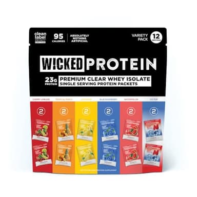 WICKED Protein Clear Whey Isolate Variety Pack, 23g Protein, 6 Flavors, 95 Calories, 0-1g Sugar, Nothing Artificial, No Sucralose, Clean Label Project Certified, Gluten Free, 0g Lactose, 12 Pack