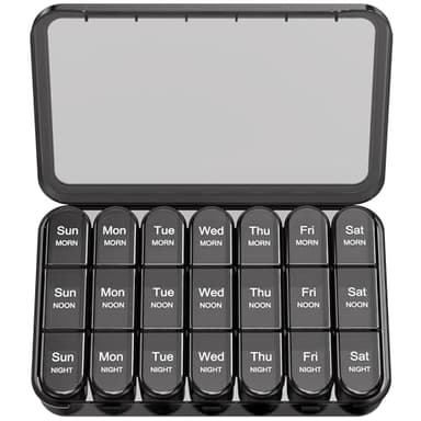 Daviky Pill Organizer 3X a Day, Weekly Pill Box 7 Day, Travel Pill Case with Large Containers, Light-Proof Pill Case for Vitamins, Medication, Supplements and Fish Oils (Black)