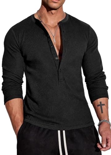 Muscle Cmdr Men's Waffle Henley Shirts Long Sleeve T-Shirt Stylish Casual 5 Button Placket Slim Fit Tee Thermal Underwear Black L