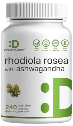 DEAL SUPPLEMENT Rhodiola Rosea with Ashwagandha, 240 Veggie Capsules – Max Strength 10:1 Root Extract – Adaptogenic Supplements for Relaxation, Energy, & Brain Health* – Non-GMO