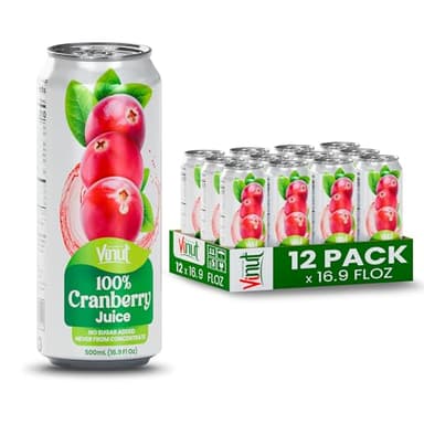 VINUT 100% Cranberry Juice, No Added Sugar, Not From Concentrate, 16.9 fl oz (500 mL) Can, Pack of 12