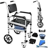 NexusSmash Folding Bedside Commode with Wheels, Padded Shower Chair with Bucket, Rolling Shower Commode Chairs with Soft Backrest, Bedside Commodes for Senior & Handicap