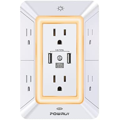 POWRUI Multi Plug 6 Outlet Surge Protector Extender with 3 USB Ports (1 USB C) and Night Light, 3-Sided Power Strip with Adapter Spaced Outlets, ETL Listed, White