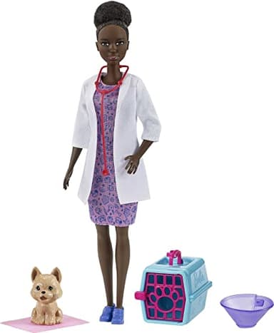 Barbie Careers Doll & Accessories, Brunette Pet Vet Wearing Removable Outfit with Puppy Figure, Travel Crate & 2 Additional Pieces