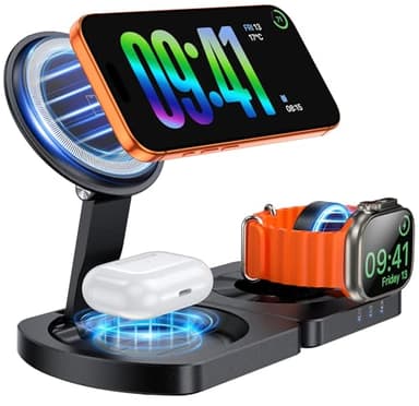 EGV Wireless Charger for iPhone, 3-in-1 Magnetic Charging Station for Apple, MagSafe Charger Stand for iPhone 17 Air 16 15 14 13 12 Series, Airpods Pro, Apple Watch Ultra, Foldable, No Adapter, Black